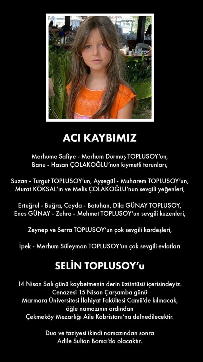 Toplusoy ailesinin acı günü: Selin Toplusoy 10 yaşında hayatını kaybetti - Resim : 1